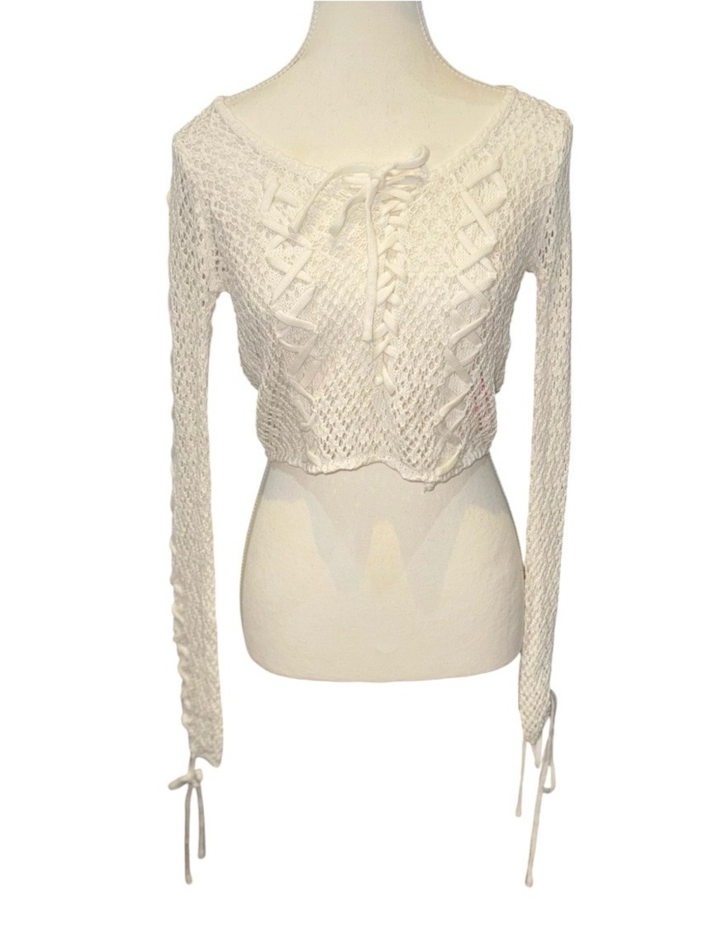 Lace up corset detail crochet knit crop long sleeve sweater